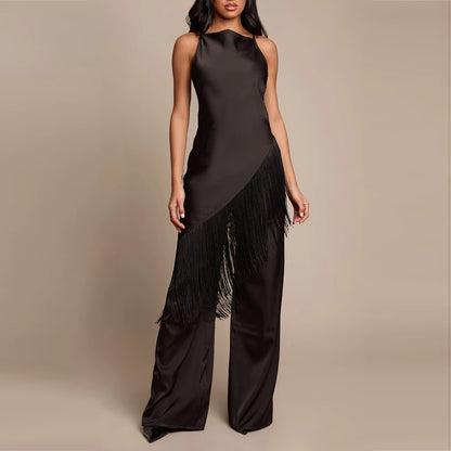 Women Summer Satin Camisole Casual Solid Asymmetrical Tassel Spaghetti Straps Long Tank Tops Club Vacation Streetwear