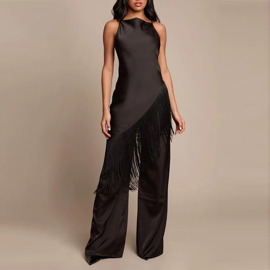 Women Summer Satin Camisole Casual Solid Asymmetrical Tassel Spaghetti Straps Long Tank Tops Club Vacation Streetwear