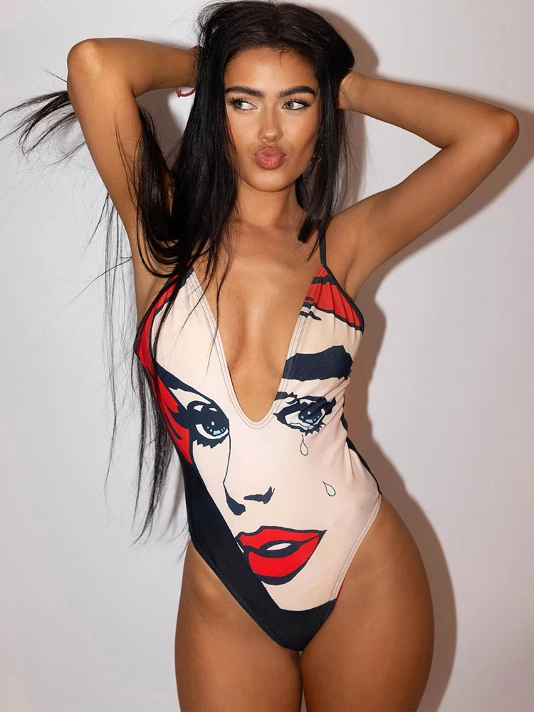 Doodle Print Bodysuit Women Beach Vacation Deep v-Neck Sleeveless Tight Stretch Wild Hipster Midnight Club Body Tops