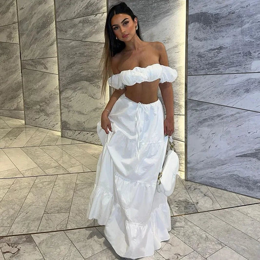 White 2 Pieces Set for Woman Beach Vacation Outfits Off Shoulder Tube Top and Long Skirt Matching Sets