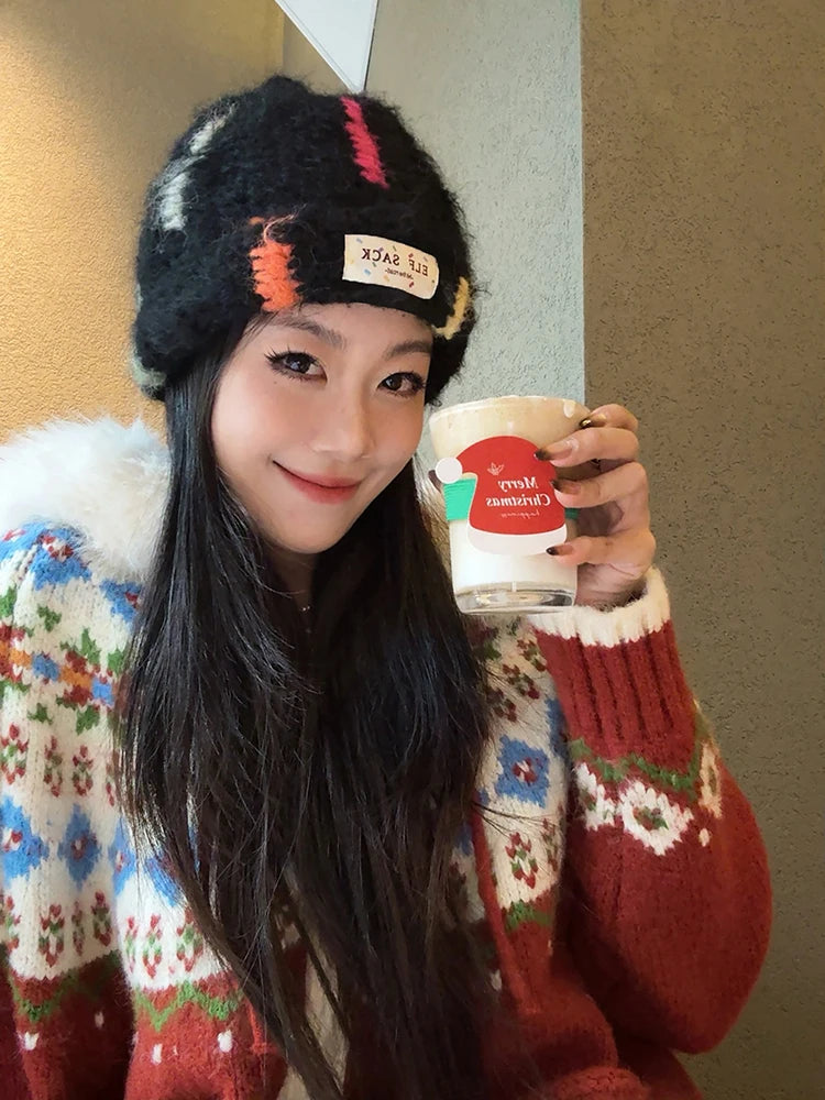 Y2K Cute Color Block Patch Logo Warm Knit Beanie For Women