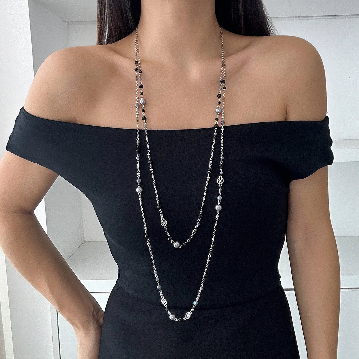 2Pcs/Set Temperament Imitation Pearl Long Chain Necklace for Women Fashion Statement Goth Sweather Link Neck Jewelry