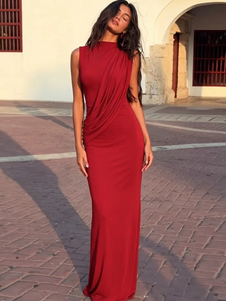 High Neck Draped Ruched Maxi Dress Women Elegant Sleeveless Bodycon Evening Club Party Long Dress Female Cocktail Gown