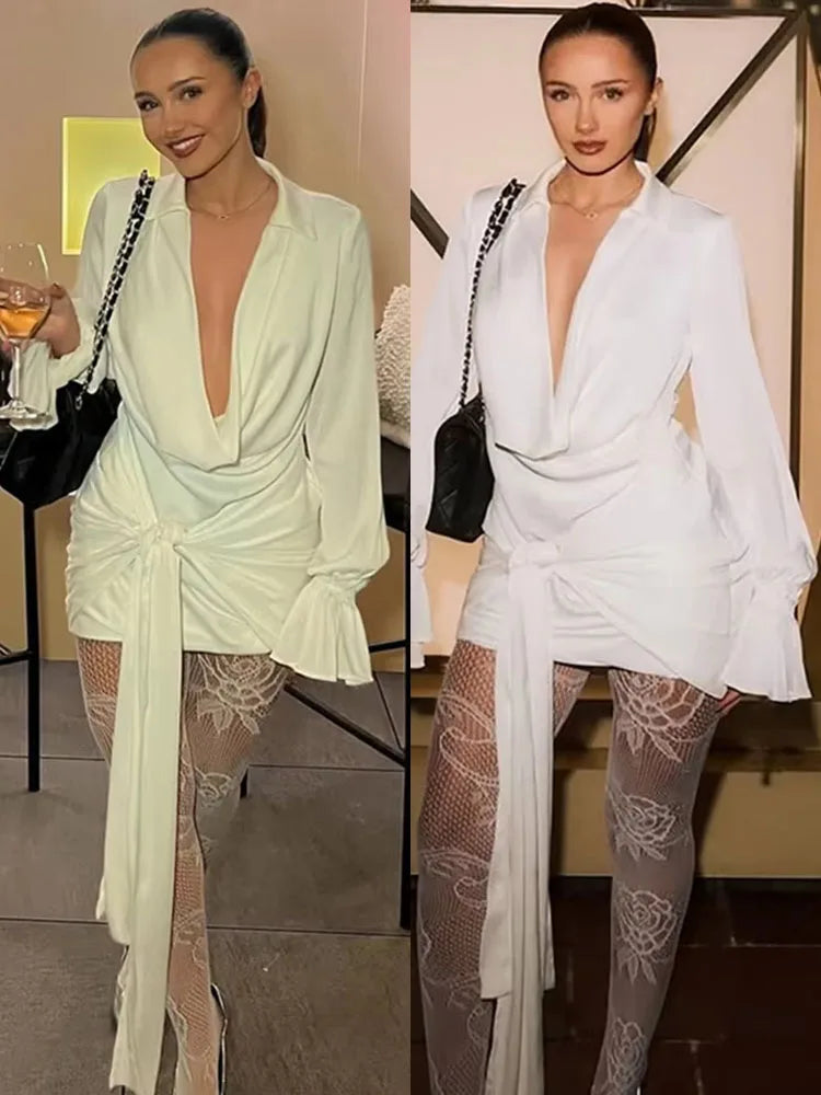 Mesh Patchwork Sleeve Dress Women Satin Wrapped Ribbon Swing Collar Elegant Clubwear Birthday Party Clubwear Bodycon