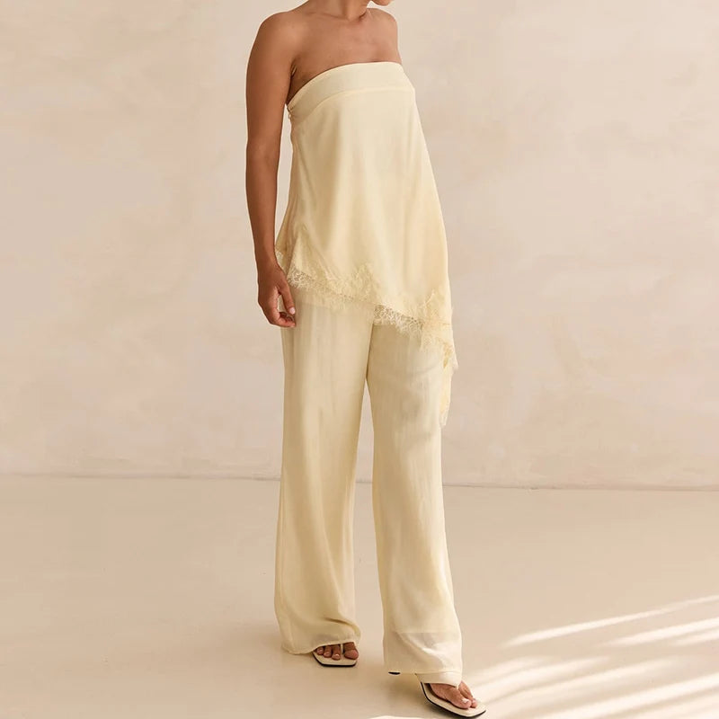 Lace Trim Strapless Bandeau Top+High Waist Wide Leg Pants Two Piece Set Elegant Casual Outfit For Women Y2K Streetwear
