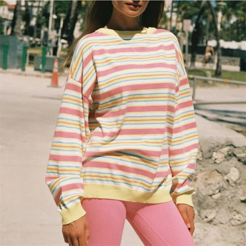 Stripe Knit Sweater Women Crew Neck Drop Shoulder Long Sleeve Oversized Pullover Loungewear Daily Casual Basic Knit Top