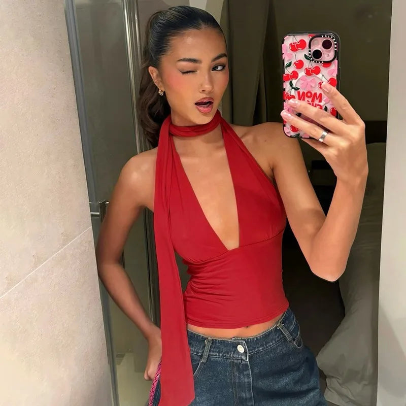 Tie Up Deep V Backless Sexy Crop Tops for Woman Tanks Club Wear Halter Top Summer Woman Clothing