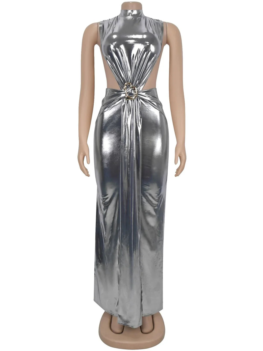 Silky Sexy Dress Women Sleeveless Waistless Metal Button Ribbon Ruched Side Split Party Midnight Club Wedding Bodycon