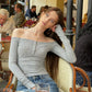 Off Shoulder T Shirt Long Sleeves Top Fashion 2026 Woman Clothes Grey White Tees