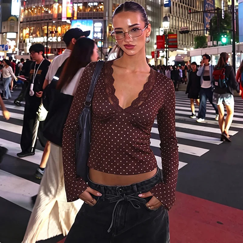 Polka Dot T Shirts Lace Trim Deep V Neck Long Flared Sleeves Fitted Crop Tops for Women Clothes Autumn 2026