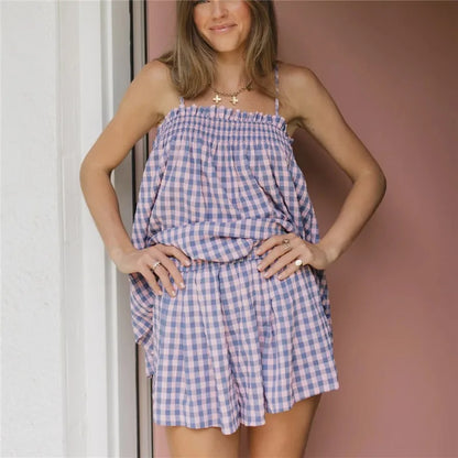 Women Gingham Two Piece Set Sleeveless Babydoll Tank Top and Plaid Shorts Pajama Set Sleepwear Y2k Summer Outfits