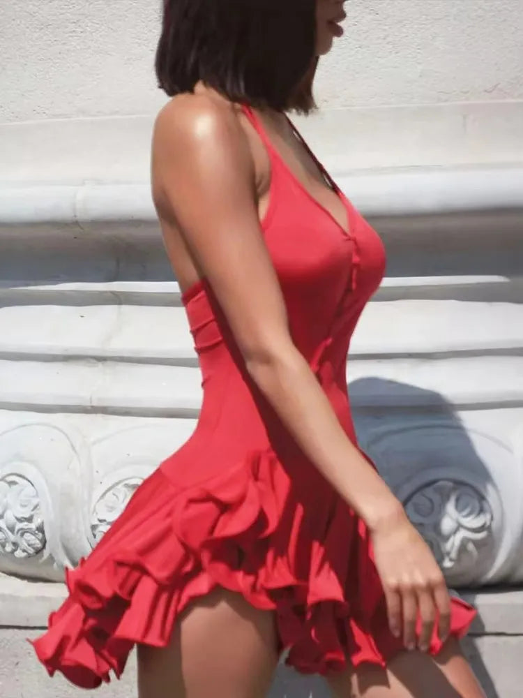 Buttons Tierred Dress Women Y2K Irregular Halter Backless Low-Neck Split Folds Skinny Summer Trend Birthday Bodycon