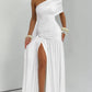 One Shoulder Pleated Maxi Dress with High Side Slit Sexy Elegant Woman for Party Evening White Dresses