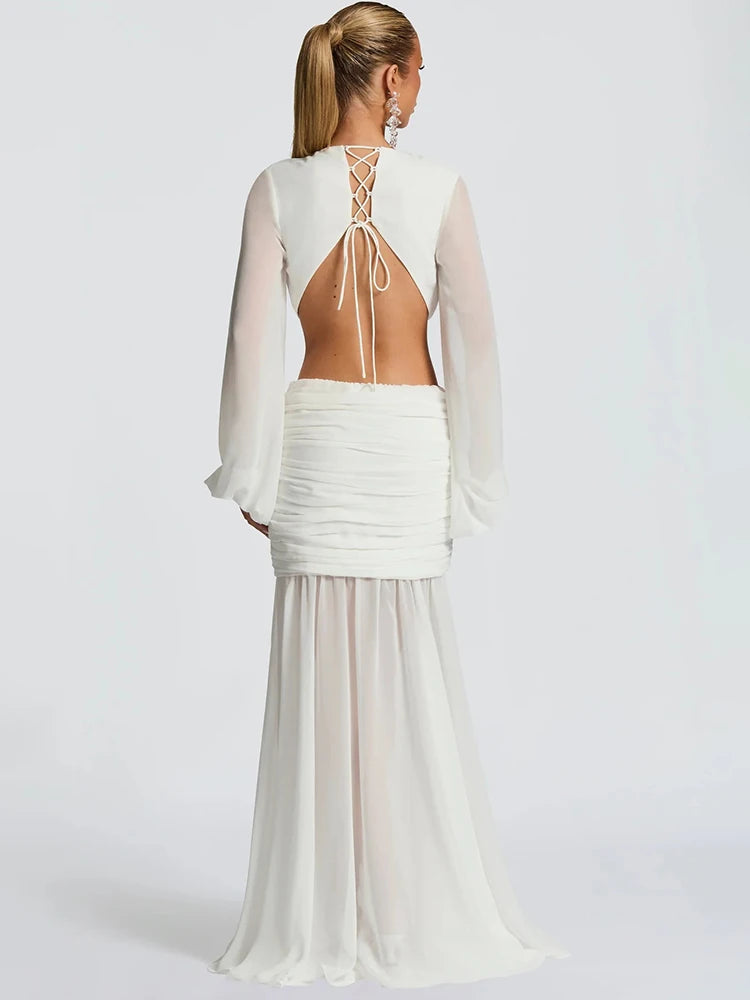 Deep V Neck Long Sleeve Sexy Maxi Dress Women Gown Fashion Hollow Out Backless Ruched Club Party Long Dress Elegant