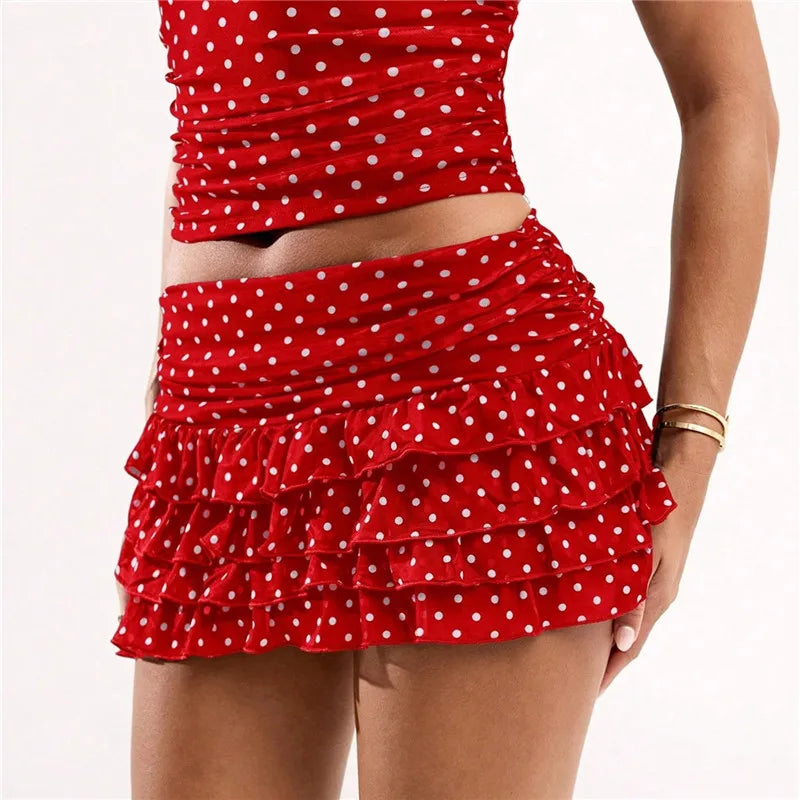 Polka Dot Mini Skirt for Women Low Rise Tiered Layered Ruffle Y2K Pleated Skirt Flowy A Line Short Skirts