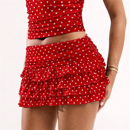 Polka Dot Mini Skirt for Women Low Rise Tiered Layered Ruffle Y2K Pleated Skirt Flowy A Line Short Skirts