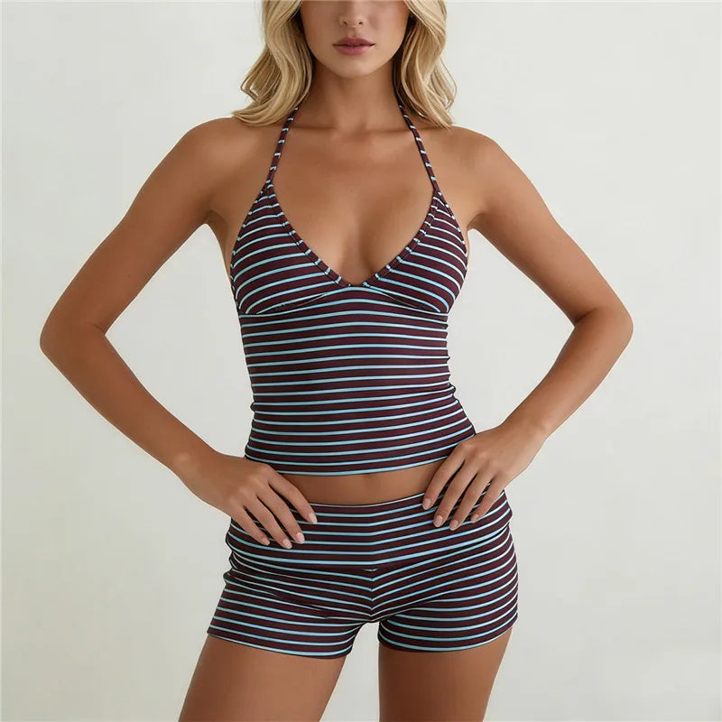 Y2K Retro Striped Dot Halter Cami Set Women Sleeveless Crop Top Fold Waist Shorts Two Piece Casual Pajama Loungewear