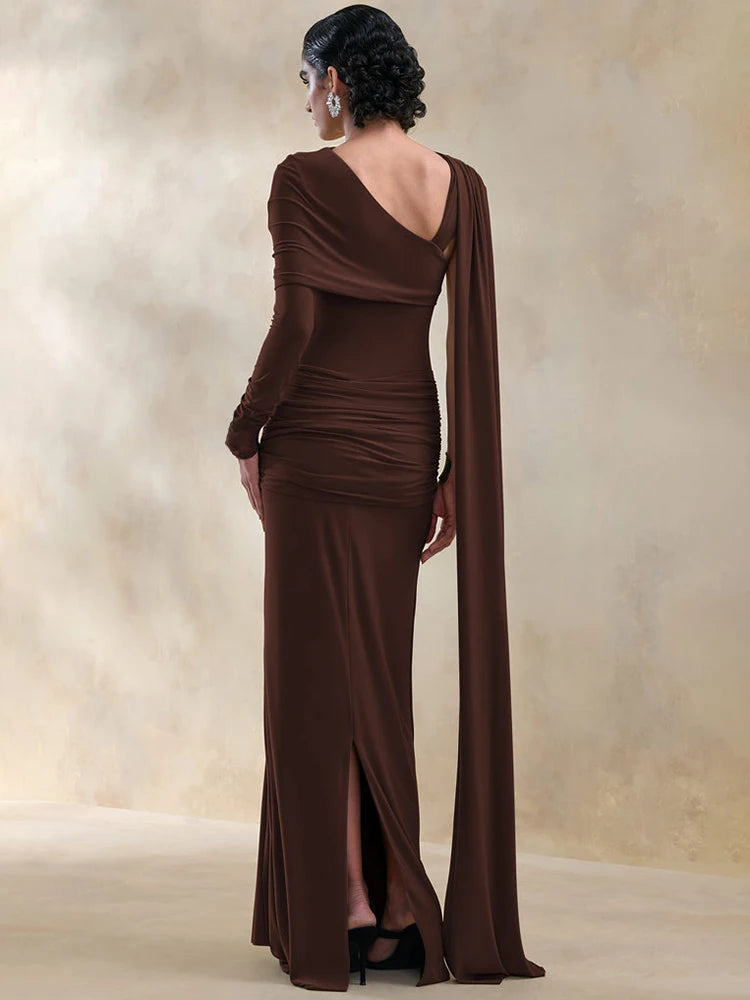 Women Asymmetrical Draped One Shoulder Maxi Dress Long Sleeve Waist Ruched High Split Bodycon Club Party Party Dress
