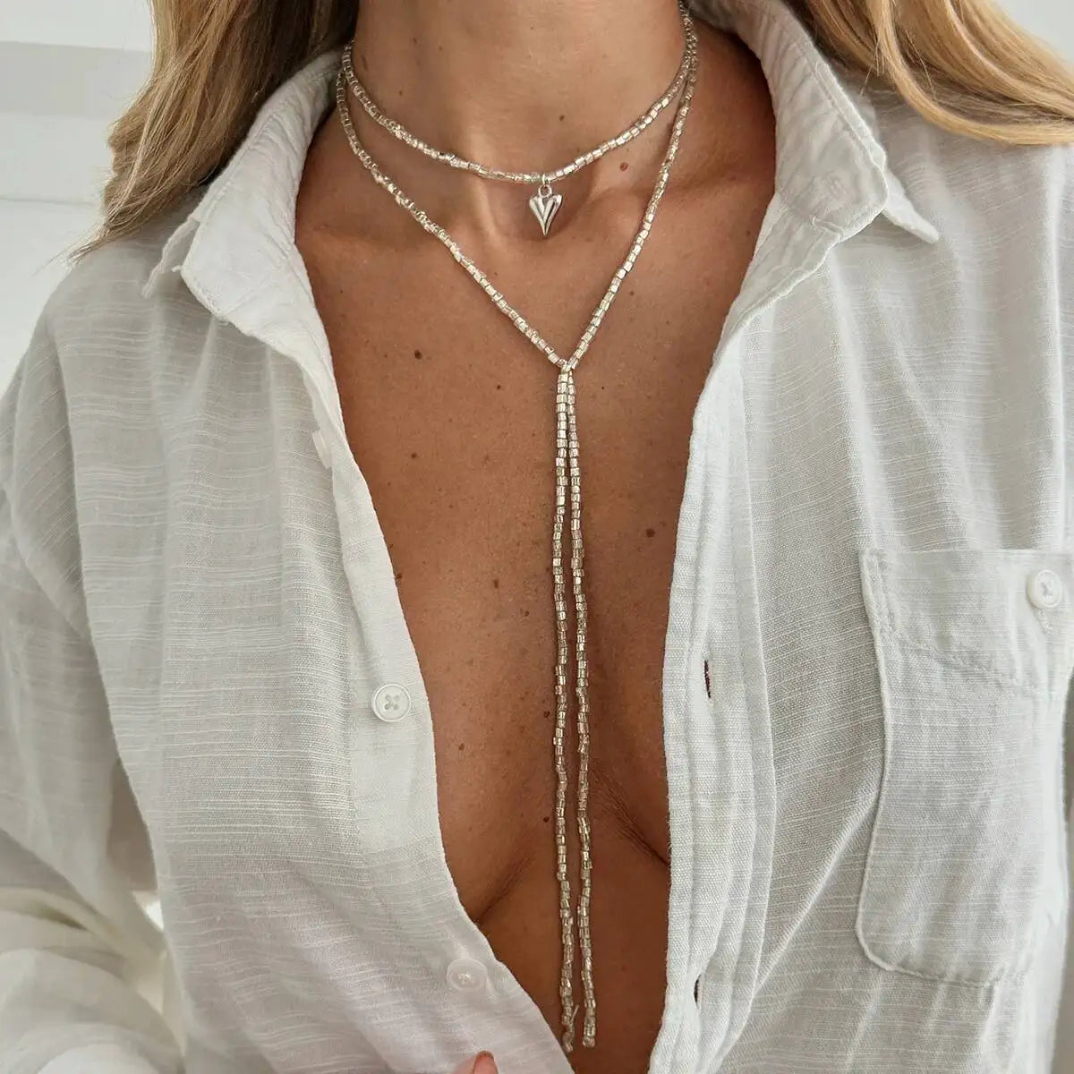 Adjustable Long Chain Necklace for Women, Sexy Stackable CCB Beads, OT Buckle, Love Heart Pendant, Choker Sweater Jewelry