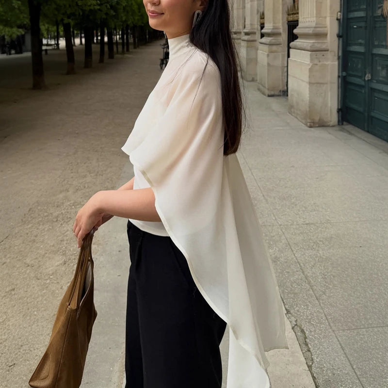 Women 2 In 1 Chiffon Cape Shirts Mock Neck Sheer Flowy Cloak Sleeve Crop Tops Slim Fit Inner Tube Layered Elegant Party