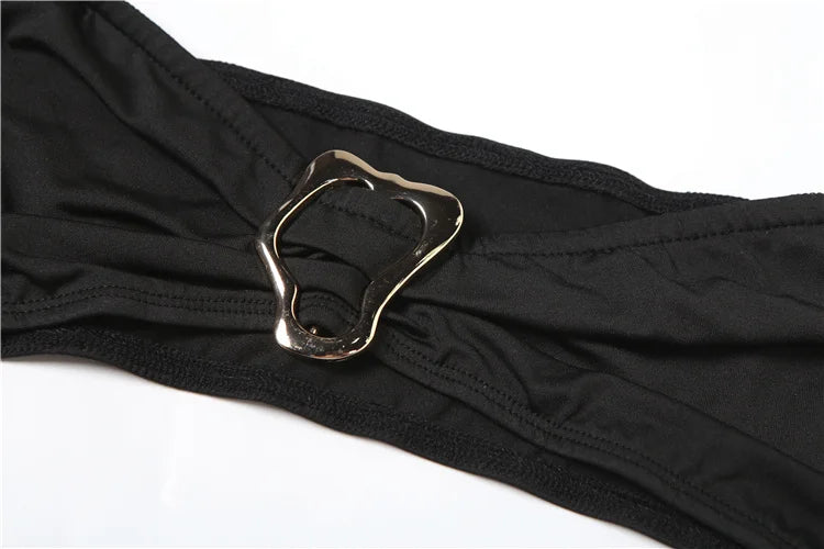 Sexy 2Piece Set Irregular Metal Rings Tube Tops+Halter Bandage Swing Collar Backless Playsuit Midnight Matching Suit