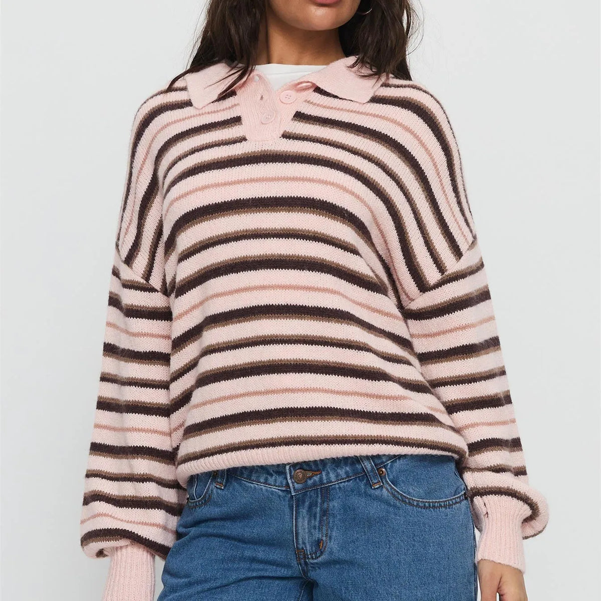 Women Y2K Striped Sweater Long Sleeve Color Block Lapel V Neck Knit Jumper Tops Winter Warm Oversized Sweater