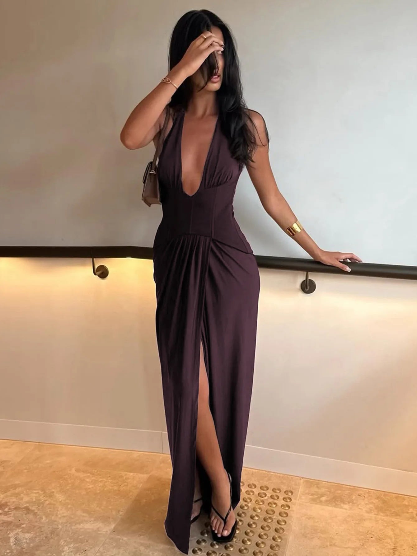 Deep V Neck Backless Slit Maxi Dress Brown 2026 Summer Classic Party Dresses for Woman Elegant