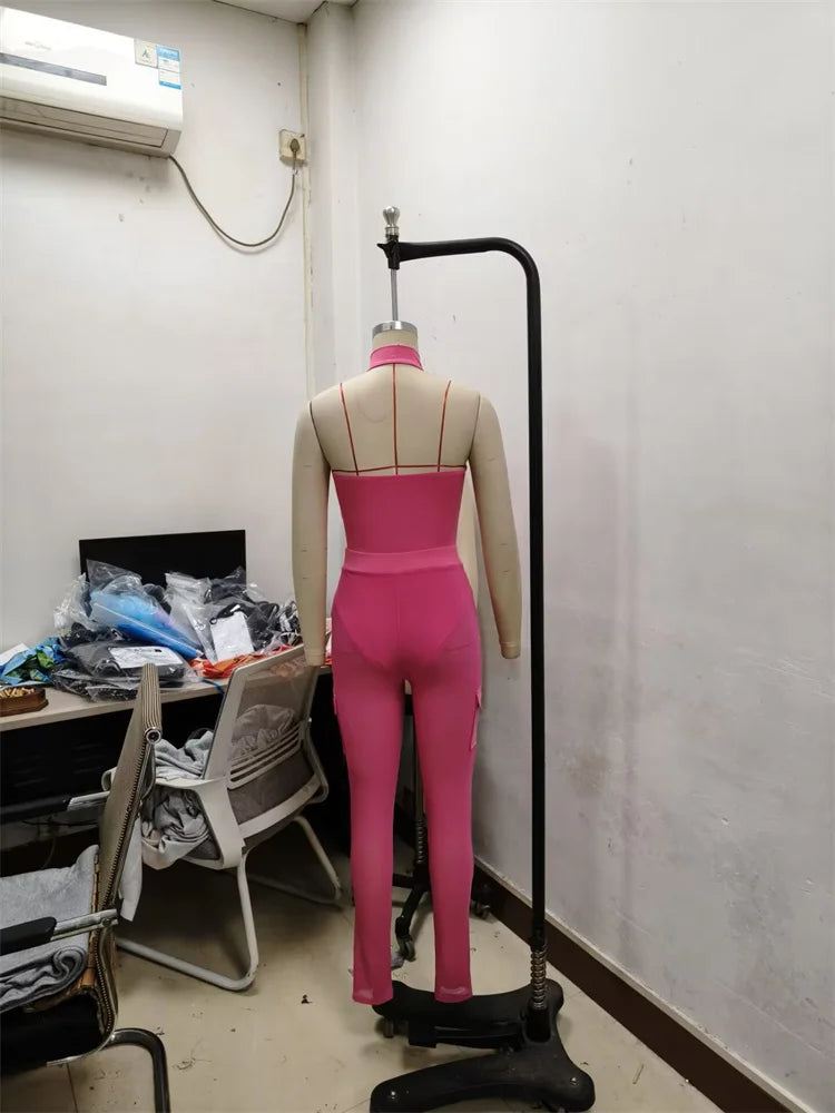 Mesh Patchwork Jumpsuits Women Halter Low-Neck Multiple Pockets Skinny Peach Hip Midnight Hipster Club Party Outfits