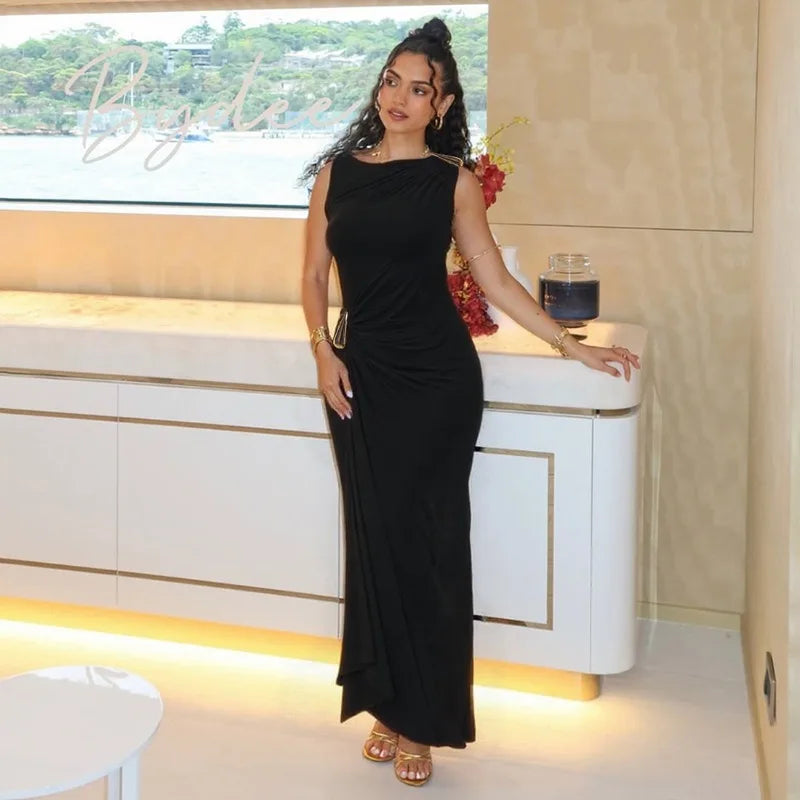 Hardwear Detail Ruched Sleeveless Long Dresses Womens Fashion Elegant Party Maxi Dress Wedding Guest