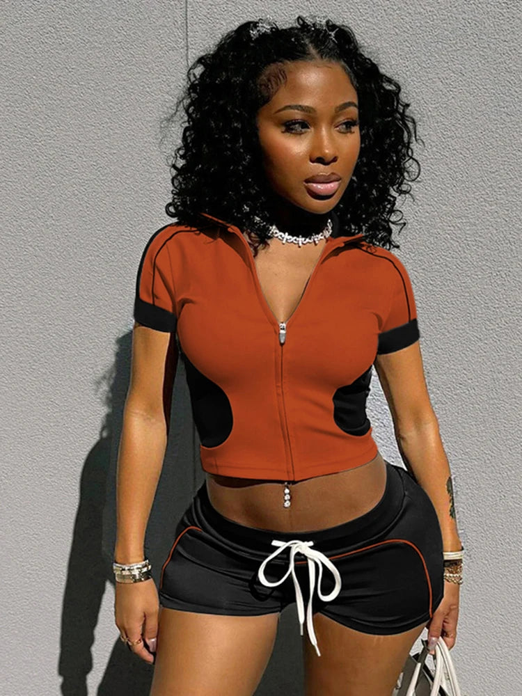 Summer 2Piece Set Tracksuit Women Zip Patchwork Shorts Sleeve Crop Tops+Shorts Matching Sporty Skinny Stretch Outfits