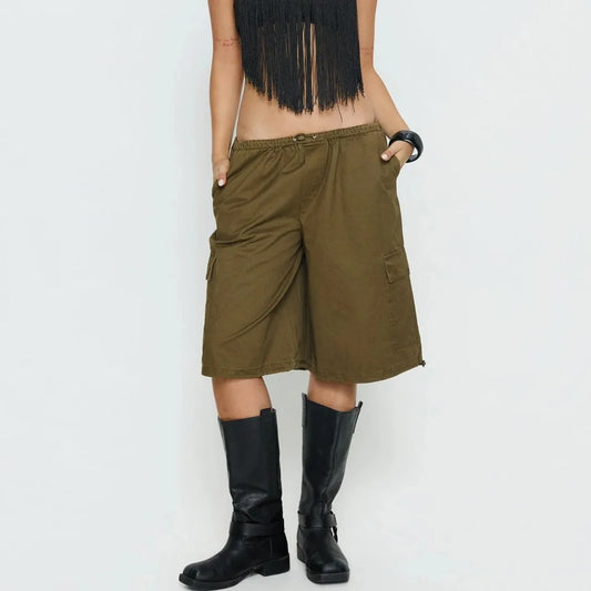Women's Knee Length Cargo Shorts Elastic Drawstring Waist Loose Fit Bermuda Capris with Pockets Casual Streetwear Summer