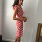 Womens Striped Midi Bodycon Dress Deep V Neck Ruffle Sleeve Red White Chevron Print Slim Fit Side Split Party Dress