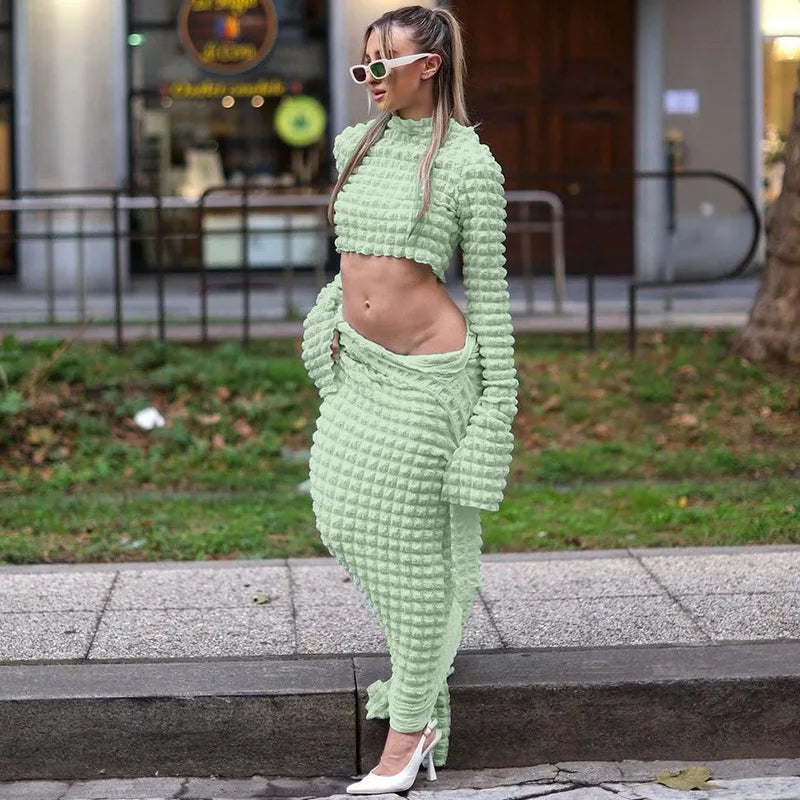Bubble Texture Crop Top and Long Skirt 2 Piece Set Winter Club Outfit Green Sexy Dressses for Women 2023