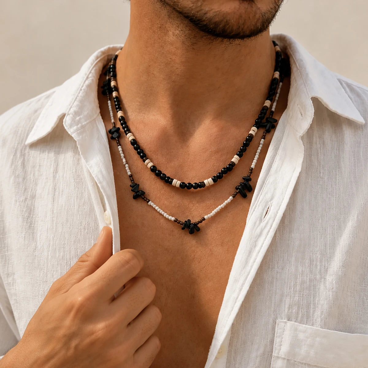 2Pcs/Set Trendy Black White Acrylic Seed Beads Choker Necklace for Men Punk Vintage Stackable Collar Chain Neck Jewelry