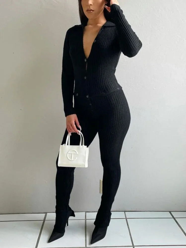 Button Ribbed Knitted Jumpsuit Two Piece Set Fall Winter Clothes Sexy White Long Sleeve Bodycon Jumpsuits