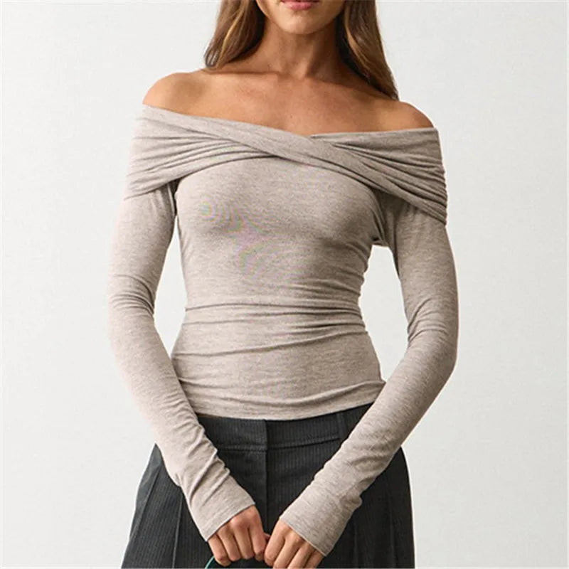French Coquette Off Shoulder Twist Top For Women Long Sleeve Slim Ruched Basic Tee Casual Daily Going Out Blouse Top