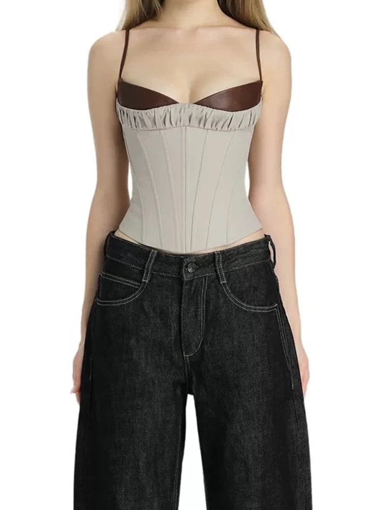 Look Slimmer Camisole Tops Woman Leather Patchwork Summer Trend Low-Neck Backless Shape Waist Street Casual Fashion Vests