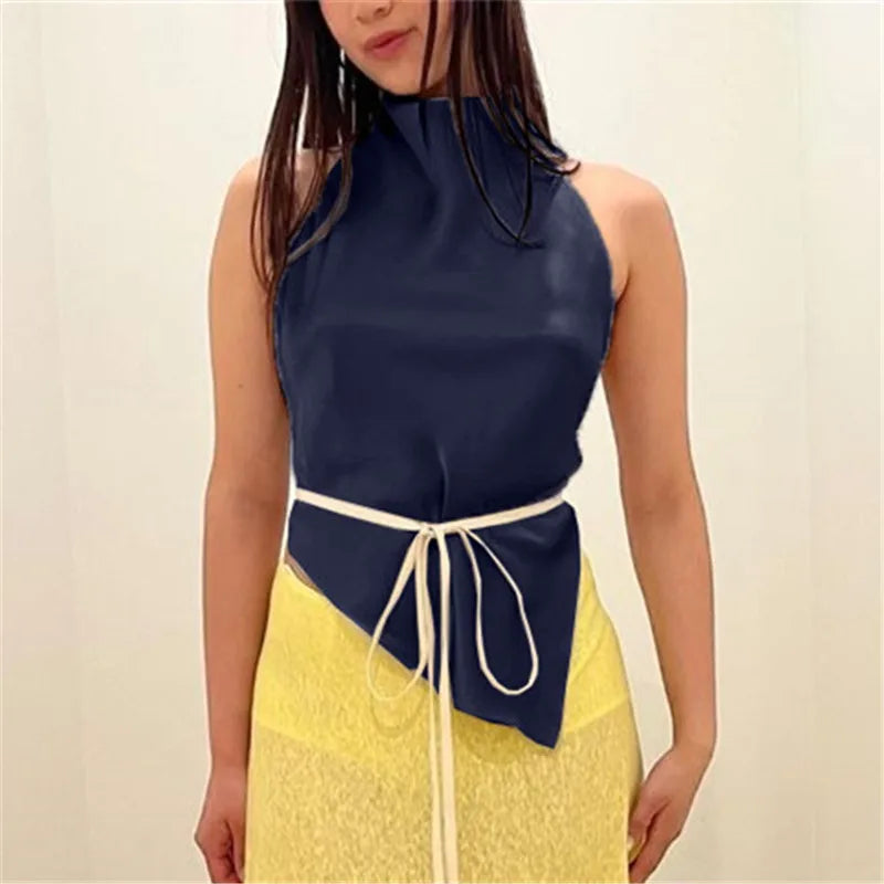 Women Summer High Street Sleeveless Satin Top Camisole Y2K Tie Halter Tops Backless Solid Color Top Party Clubwear