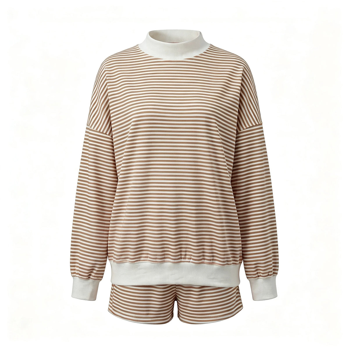 Women Mock Neck Striped Loungewear Two Piece Set Oversized Long Sleeve Sweatshirt And Shorts Casual Pajama Outfit