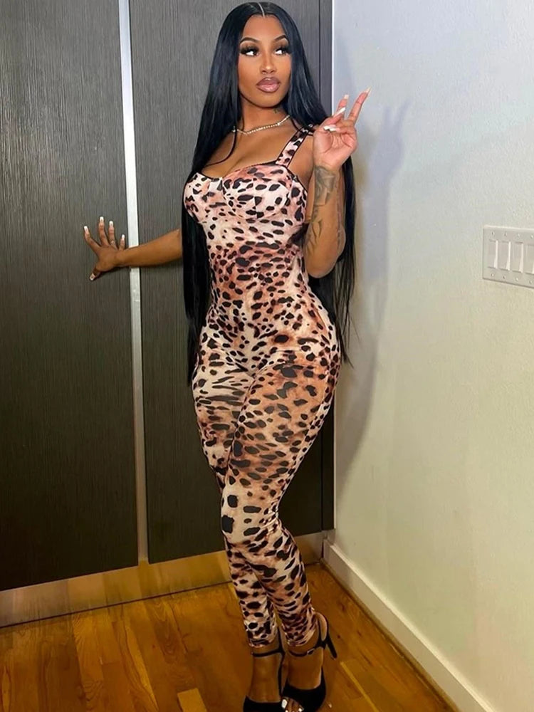 Leopard Print Women Sleeveless 2025 Sexy Trend Sleeveless Sexy Jumpsuit Street Fit Stretch Activity Workout Overalls