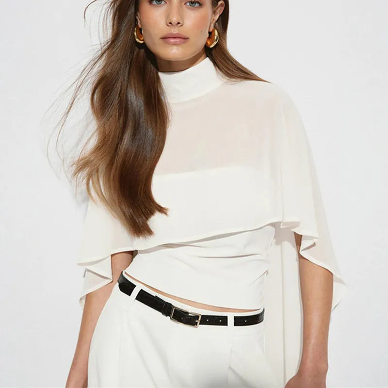 Women 2 In 1 Chiffon Cape Shirts Mock Neck Sheer Flowy Cloak Sleeve Crop Tops Slim Fit Inner Tube Layered Elegant Party