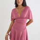 Women Deep V Neck Batwing Short Sleeve Mini Dress Waist Ruched Wrap A‑Line Dress Elegant Casual Party Dresses For Women