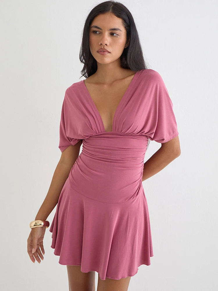 Women Deep V Neck Batwing Short Sleeve Mini Dress Waist Ruched Wrap A‑Line Dress Elegant Casual Party Dresses For Women