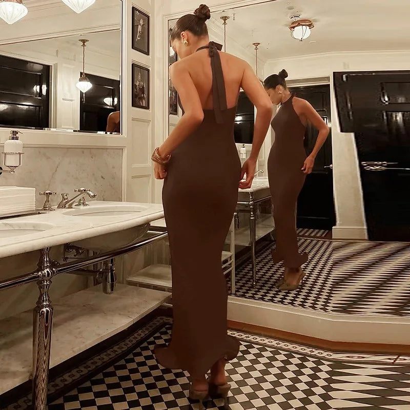 Halter Backless Ruffled Hem Long Dresses 2025 Woman Elegant Party Dresses Black