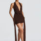 Halter Deep V Neck Backless Sexy Mini Dress Women Teardrop Crystals Off-shoulder Draped Ruched Skinny Club Party Dress