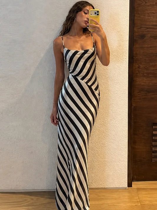 Women Black White Stripe Sexy Maxi Dress Spaghetti Strap Backless Bodycon Long Dress Elegant Evening Party Dresses
