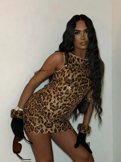 Leopard Print Sequins Glitter Dress Sleeveless Mini Bodycon Dresses for Woman Sexy Club Outfits