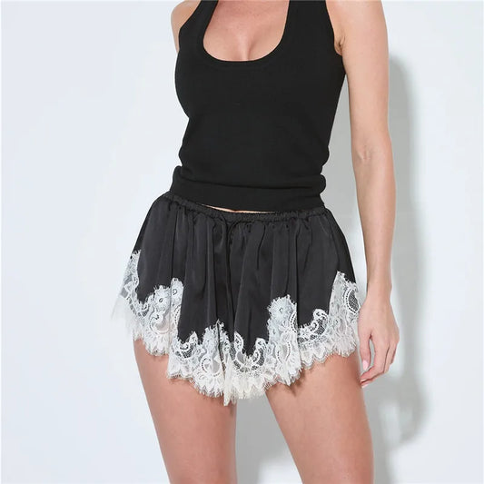 Women's Mini Shorts Lace Patchwork Drawstring Elastic Waist Casual Summer Loose Lounge Shorts Y2K Vintage Streetwear