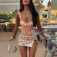Colorful Flower Print Mini Dress Women Sequins Patchwork Skinny Backless Sleeveless Vacation Trend Elegant Outfits