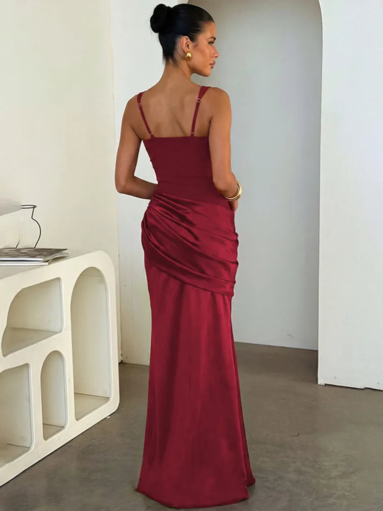 Women Mermaid Maxi Dress Square Neck Sleeveless Ruched Bodycon Long Dress Evening Party Formal Wedding Guest Dresses